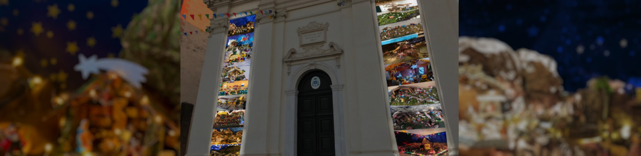 Fotomontaggio con facciata chiesa e foto presepi